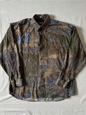 Vintage ECCOLO Egyptian Hieroglyphic Button Up Shirt Mens Large